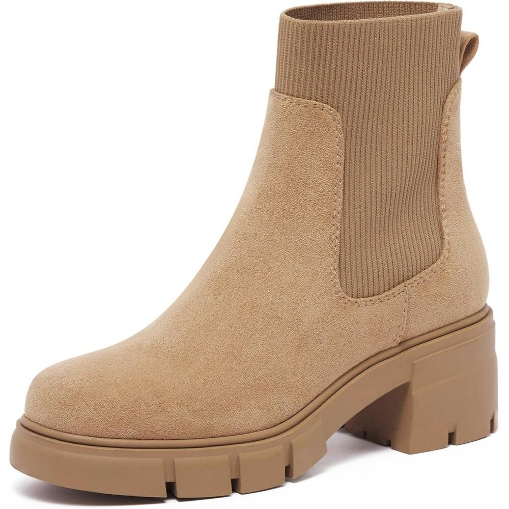 Redtop Women Cream Faux Suede Elastic Chunky Block Heel Platform Chelsea Boot
